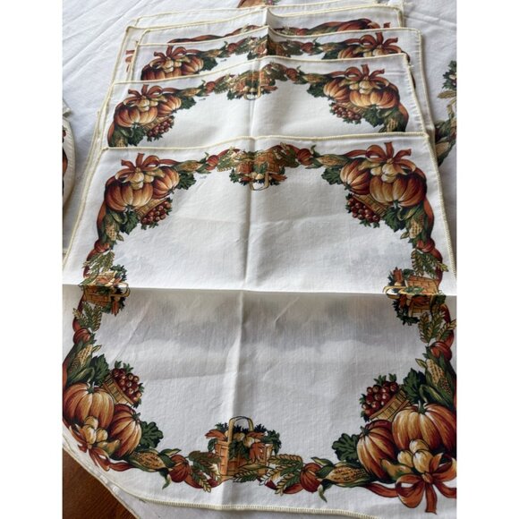 Autumn Fall Thanksgiving Cloth Tablecloth & 8 Napkins 59X84 Autumn Theme Vtg - Picture 7 of 8